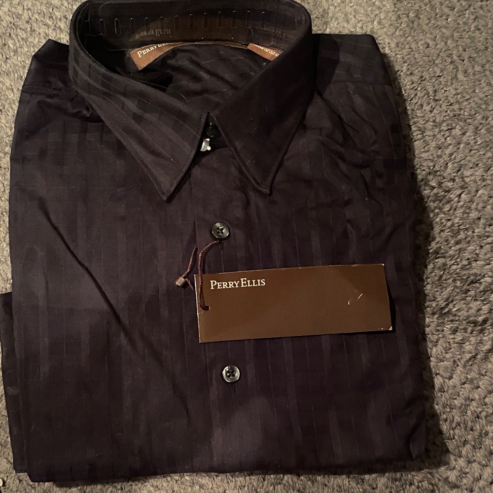 Perry Ellis Men's Dark Striped Checked Dress Shirt NWT